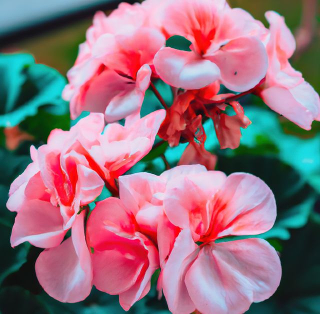 Closeup of vibrant pink geranium flowers blooming amidst lush green leaves, perfect for adding a touch of natural beauty to designs and nature-themed projects, excellent for use in floral arrangements, gardening magazines, and digital decor.