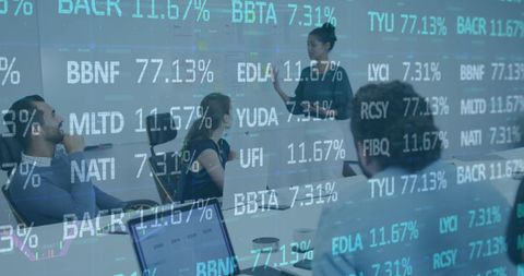 Business Team Analyzing Economic Data with Digital Projections