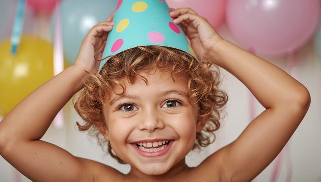 Curly child adjusting colorful party cone hat, smiling with balloons and streamers