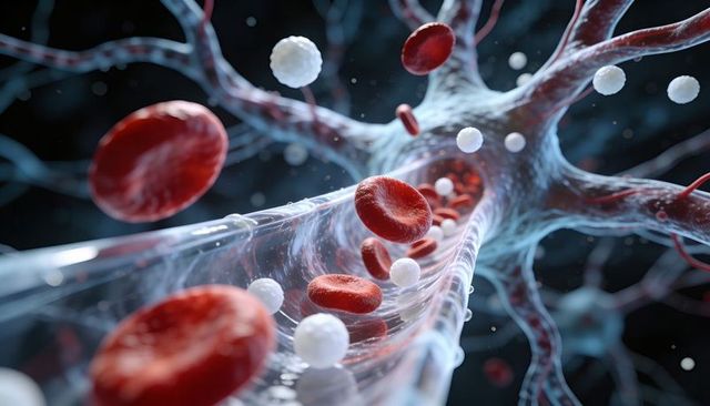 Red blood cells flowing through translucent microvessel as white blood cells circulating