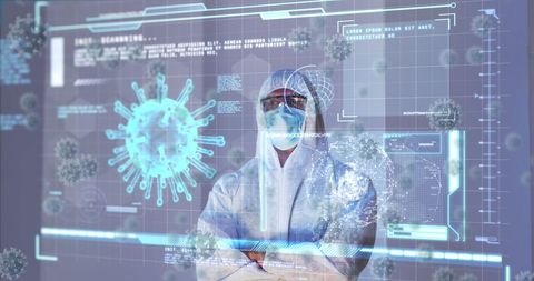 Doctor with digital interface analyzing virus diagnostics