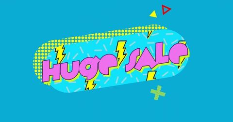 Pop art huge sale capsule banner with lightning bolts and geometric shapes, 80s retro