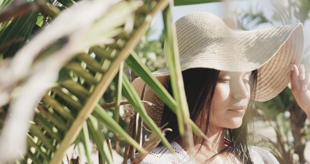 Woman in Sun Hat Relaxing in Tropical Garden - Download Free Stock Images Pikwizard.com