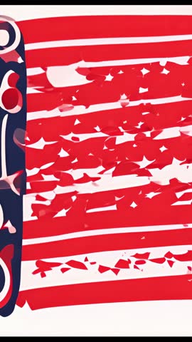 Vertical canvas revealing navy panel and red stripes shedding confetti, abstract geometric motion