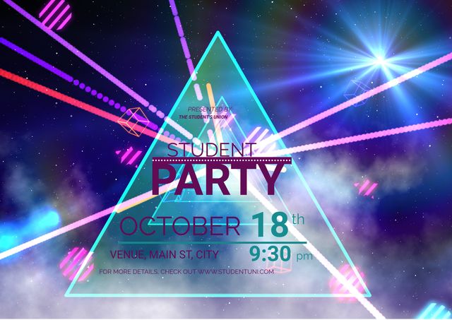 Perfect for promoting student parties and nightlife events with a vibrant, futuristic, and youthful design. The neon triangle and laser lights create an energetic and exciting atmosphere ideal for online and offline event announcements, digital invitations, social media posts, and club event posters to attract attention and interest.