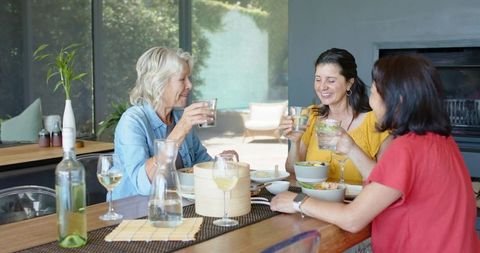 Multicultural women toasting at sunlit dining table, casual lunch and friendly conversation