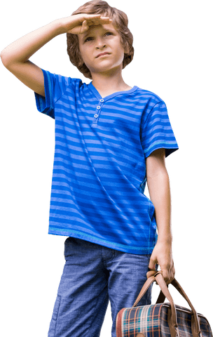 Youthful Boy in Striped Shirt Carrying Bag on Transparent Background