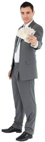 Confident businessman holding money on transparent background
