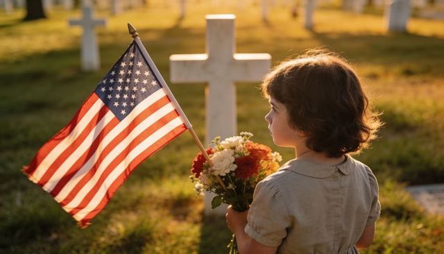 Young girl holding american flag and flowers remembering fallen soldiers at cemetery