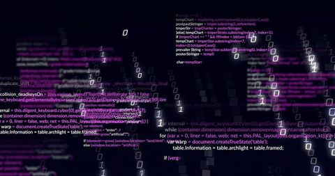Floating code and binary stream forming neon cyber grid with magenta highlights