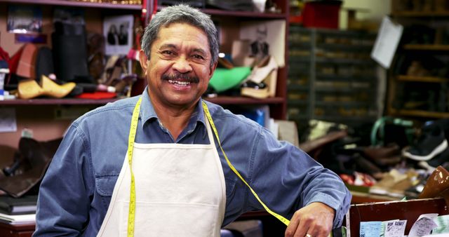 Smiling Elderly Shoe Cobbler in Workshop with Apron and Measuring Tape - Download Free Stock Images Pikwizard.com