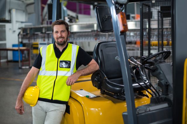 Factory worker in high-visibility safety vest leaning on forklift, smiling confidently. Ideal for use in industrial safety, manufacturing, logistics, and employment-related materials. Highlights themes of professionalism, safety, and industrial work environment.