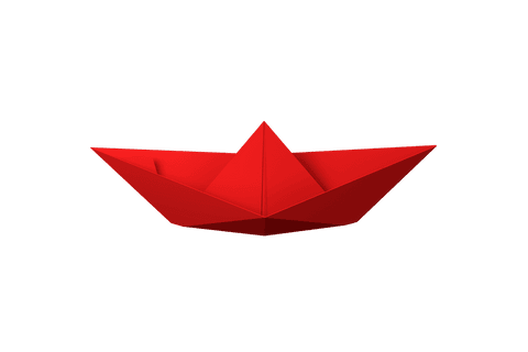 Red origami boat on transparent background symbolizing creativity