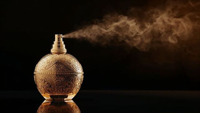 Ornate gold perfume atomizer spraying amber mist, filigree sphere with reflection