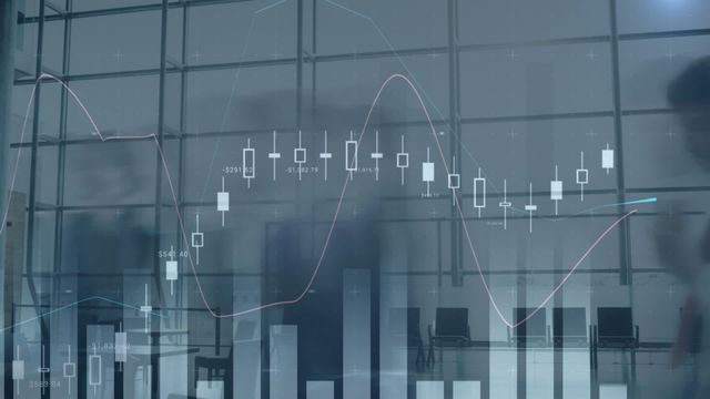 Overlay of digital financial information showing candlestick graphs interacts with blurred office background. This visual blend is ideal for illustrating business analyses or financial strategy concepts. Great for presentations or articles about stock markets, economic data processing, and digital transformations in corporate environments.