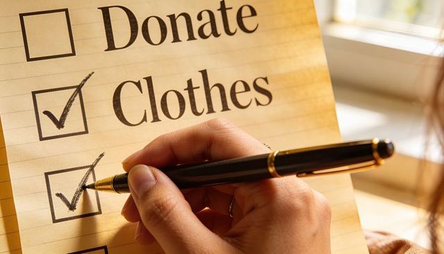 Hand marking donation and clothes checklist with pen on notepad for charity planning