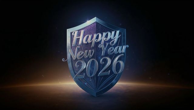 Metallic blue shield emblem featuring happy new year 2026 chrome script and gloss