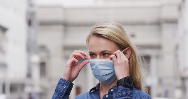 Woman Wearing Mask Adjusting Face Cover Outdoors - Download Free Stock Images Pikwizard.com