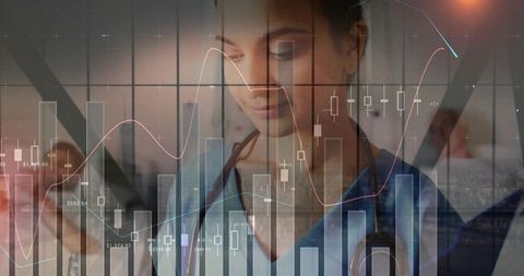 Clinician in scrubs reviewing tablet with healthcare analytics dashboard and data visualization