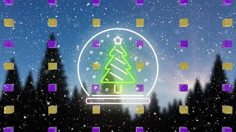 Neon Christmas Tree Animation with Falling Snowflakes