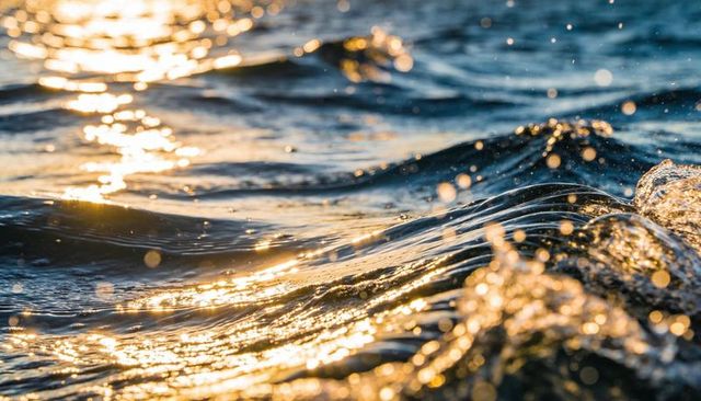 Sunlit ocean wave closeup with sparkling droplets and textured ripples at golden hour