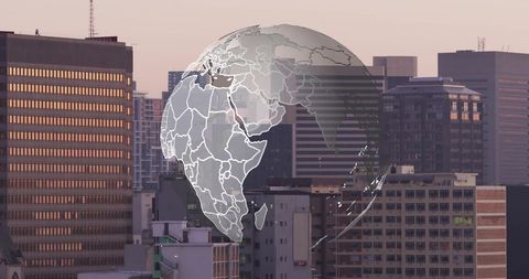 Transparent Globe over Modern City Skyscrapers Skyline