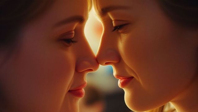 Two women sharing intimate moment with warm glow