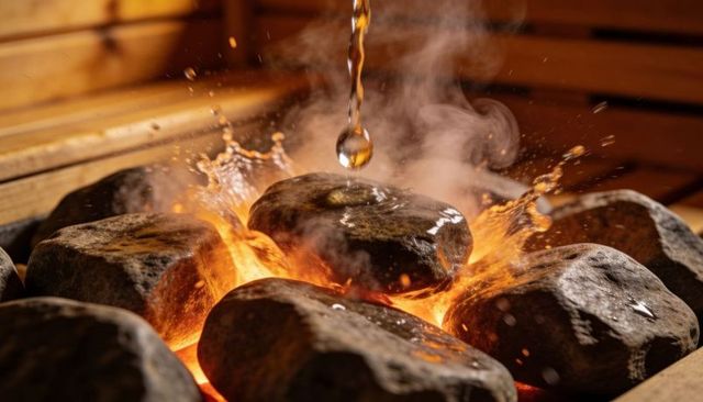 Glowing sauna stones releasing steam while water droplets strike hot volcanic rocks