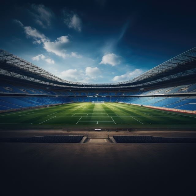 Ideal for content requiring imagery of professional sports venues. Great for emphasizing the anticipation before a big match or illustrating the architecture of sports facilities. Suitable for blogs, promotional materials, or marketing content related to sports events and soccer tournaments.