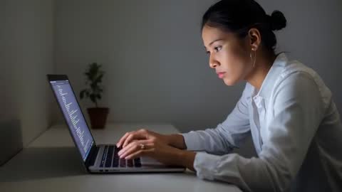 Woman Concentrating on Laptop Code in Minimalist Workspace