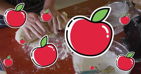 Hands Kneading Dough with Animated Apple Icons Overlay