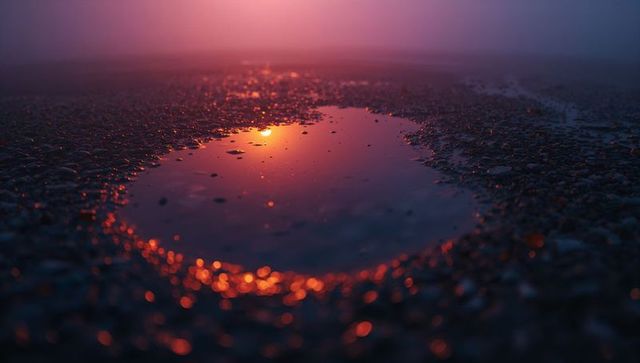 Sunset reflections on a puddle amidst gravel and pebbles
