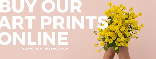 Composition of buy our art prints online text over hands holding flowers. Banner maker concept digitally generated image.