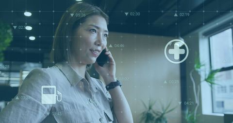 Businesswoman Talking on Phone With Technology Overlays - Download Free Stock Images Pikwizard.com