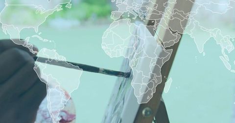 Artist Painting in Garden Overlaid with World Map Illustration