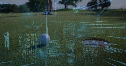 Adult golfer aligning putter behind ball on putting green with augmented data for performance