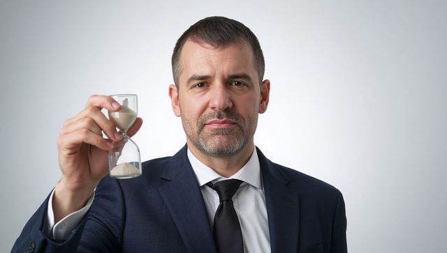Confident businessman holding hourglass symbolizing time management