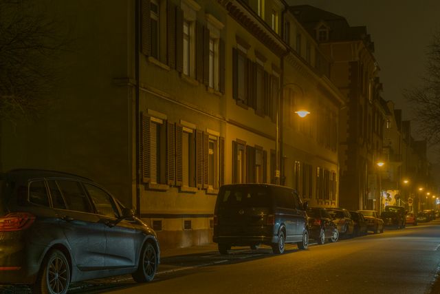 Dimly lit neighborhood street with parked cars and illuminated houses. Ideal for use in projects depicting urban nightlife, calm residential scenarios, transportation, or architecture related to living spaces.