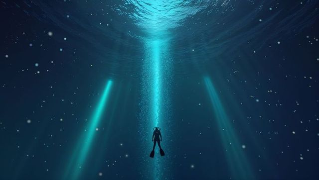 Lone Scuba Diver Descending into Deep Blue Ocean Dreamscape
