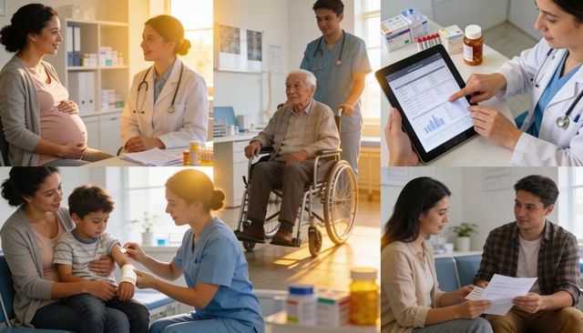 Clinic care montage showing multigenerational consultations, wheelchair, digital records