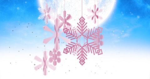 Elegant Pink Snowflakes and Moon on Wintery Night Skies