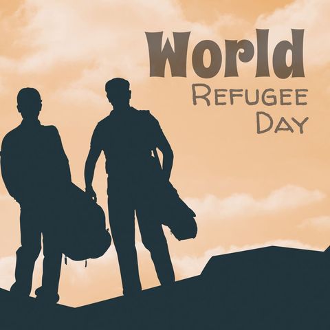 Silhouette of refugees carrying luggage at sunset