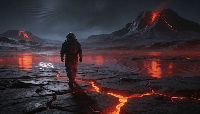 Astronaut walking across cracked basalt with glowing lava fissures and erupting volcano