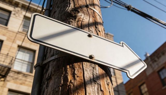Blank White Arrow Sign Pointing Right on Weathered Utility Pole in Sunlit City Alley