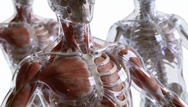 Transparent torso showing muscles and bones close-up for medical education and anatomy
