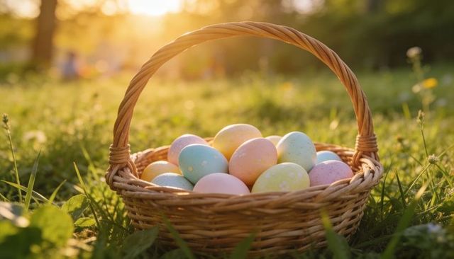 Wicker basket holding pastel speckled easter eggs in sunlit meadow at golden hour