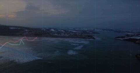 Aerial coastal bay at dusk with data graph overlay and snow-dusted islets