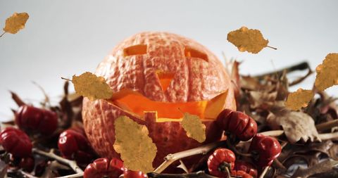 Jack-o'-lantern Surrounded by Falling Autumn Leaves - Download Free Stock Images Pikwizard.com