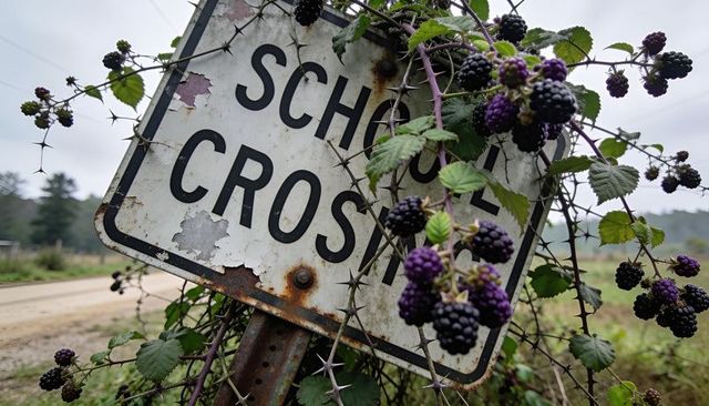 Leaning school crossing sign overrun by blackberry brambles, rusted post, peeling paint