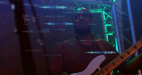 Mid-adult Bassist Playing White Electric Bass on Neon Stage with Waveform Overlays